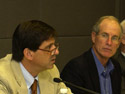 Chairman Lance Block, left, conducts the April 11 meeting of the Governor's Commission on Disabilities.  Commissioner William Perry looks on