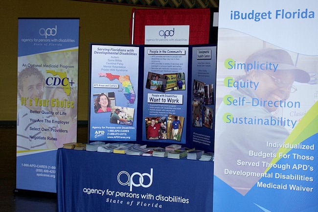 APD's booth at Family Caf not only featured some newly updated brochures, it also sported a new APD conference tablecloth and two "roll-up" banners to give extra emphasis to CDC+ and iBudget Florida