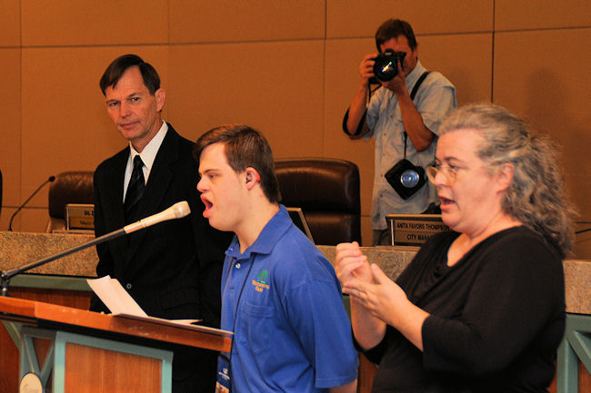 APD Director Mike Hansen, right, welcomes Lively Vo-Tech student Jeffrey Hill to his office for Disability Mentoring Day.