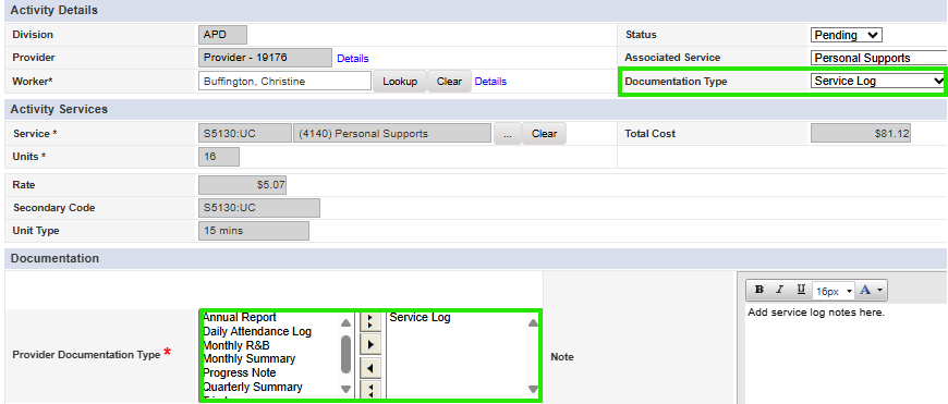 Text popout: The services code does not match Personal Supports. Graphical user interface, drop down menu; Description automatically generated